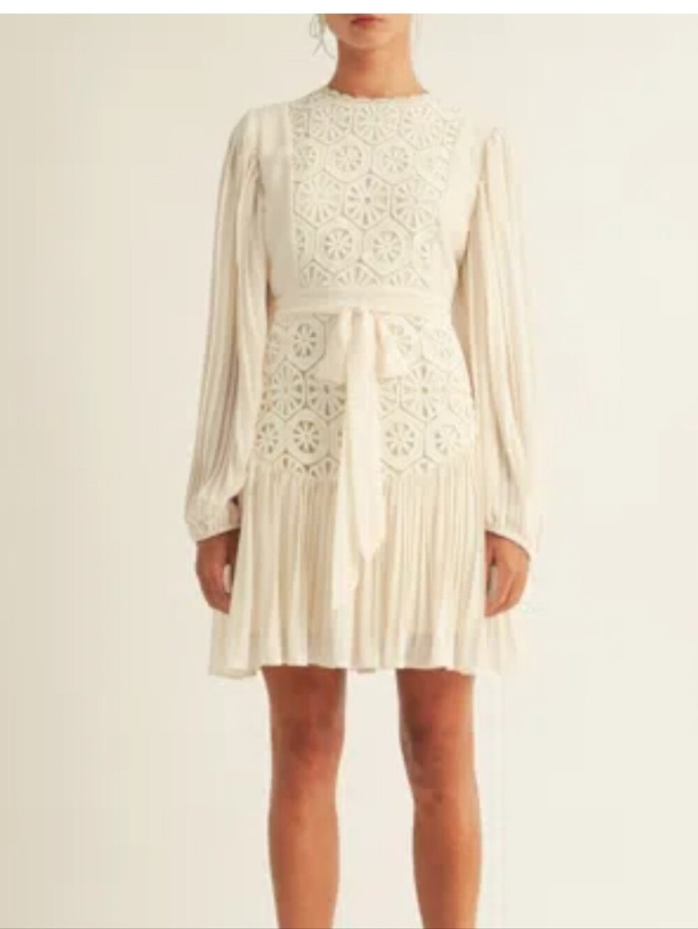 Arose Studio Ivory Crochet Lace Pleated Mini Dress Size M Long Sleeve Boho